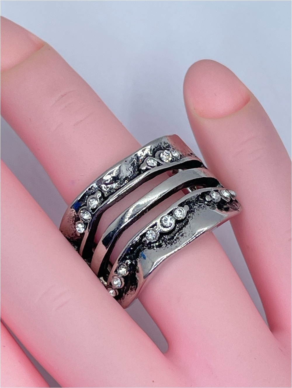 Silver Tone Crystal Stretch Ring Wide Band Statement Ring